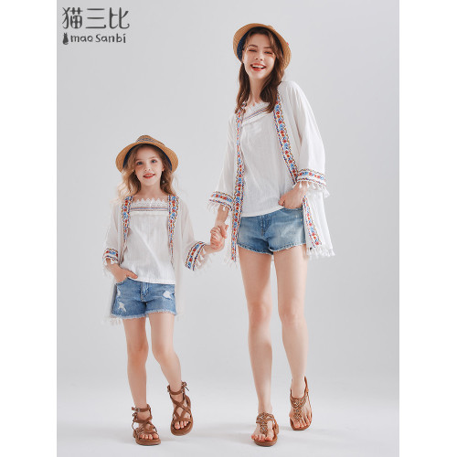 度假刺綉防曬衫親子裝夏季兒童沙漠草原旅遊開衫女童防曬外套薄款