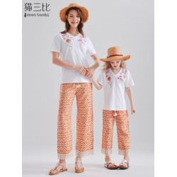 女童濶腿褲夏季親子裝褲子薄款印花褲兒童洋氣休閒褲度假風九分褲