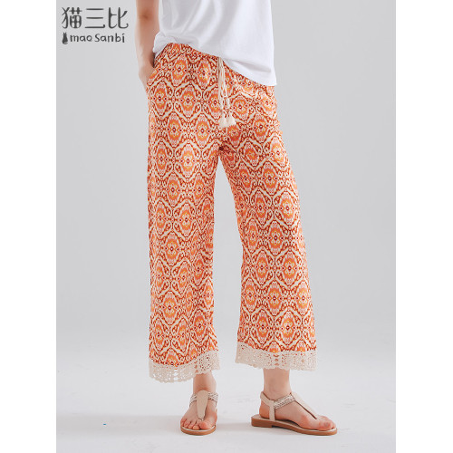 女童濶腿褲夏季親子裝褲子薄款印花褲兒童洋氣休閒褲度假風九分褲