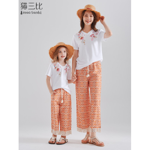 女童濶腿褲夏季親子裝褲子薄款印花褲兒童洋氣休閒褲度假風九分褲