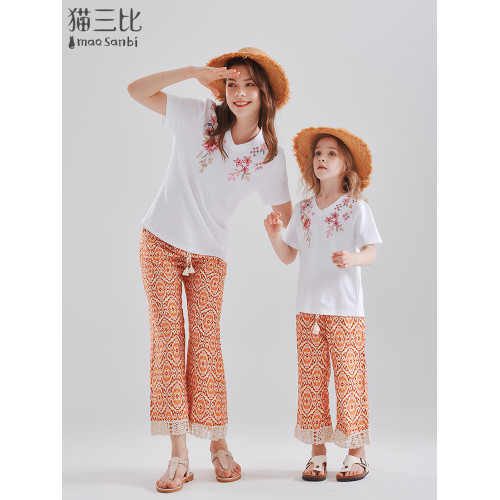 女童濶腿褲夏季親子裝褲子薄款印花褲兒童洋氣休閒褲度假風九分褲