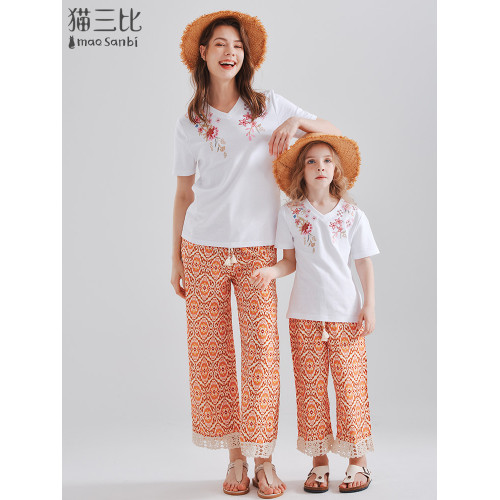 女童濶腿褲夏季親子裝褲子薄款印花褲兒童洋氣休閒褲度假風九分褲