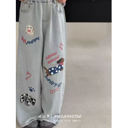 波拉韓女童夏季超薄天絲牛仔褲兒童褲子2025中大童垂感塗鴉直筒褲