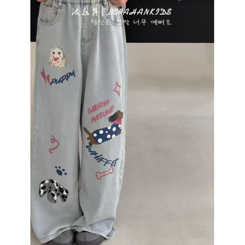 波拉韓女童夏季超薄天絲牛仔褲兒童褲子2025中大童垂感塗鴉直筒褲