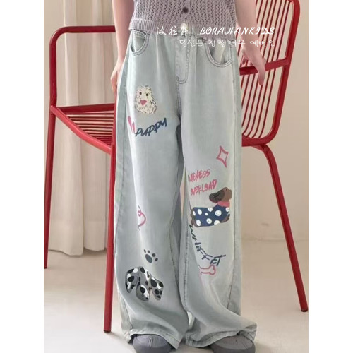 波拉韓女童夏季超薄天絲牛仔褲兒童褲子2025中大童垂感塗鴉直筒褲