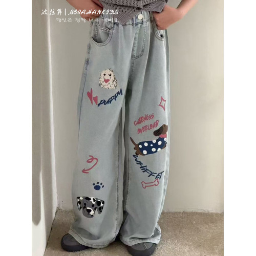 波拉韓女童夏季超薄天絲牛仔褲兒童褲子2025中大童垂感塗鴉直筒褲