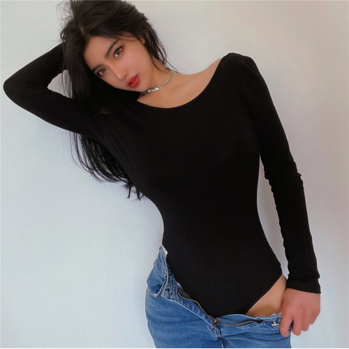 AMYJ 2024新款純色性感大U領露背棉質長袖打底衫 連體衣T恤 女