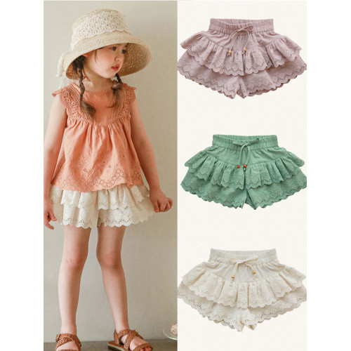 女童短褲夏裝2025新款韓國童裝兒童女孩洋氣雙層鏤空花邊蛋糕裙褲