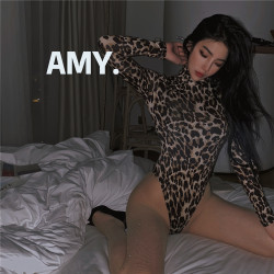 AMYJ 2024歐美性感高領修身長袖豹紋連體衣 誘惑打底內搭打底衫