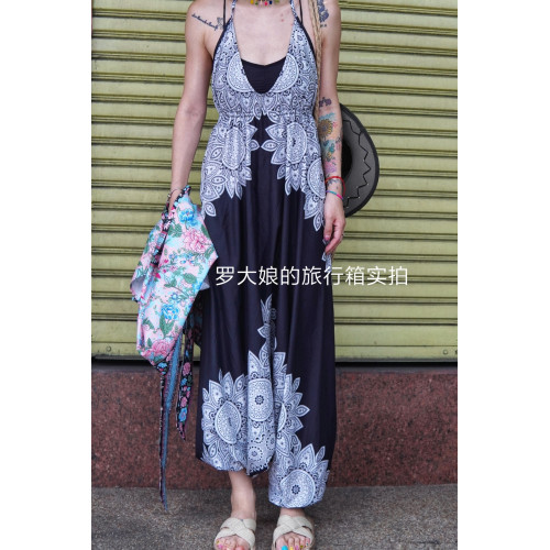 泰國度假露背連體衣褲辣妹波西米亞印度瑜伽襠褲民族風沙灘長褲夏