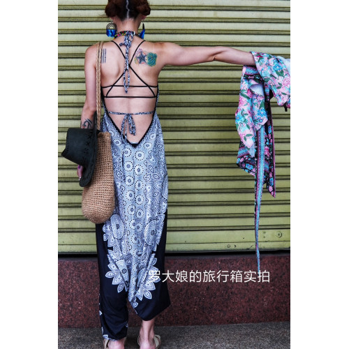 泰國度假露背連體衣褲辣妹波西米亞印度瑜伽襠褲民族風沙灘長褲夏