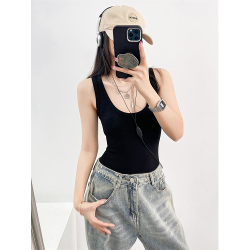 辣妹低胸深U領背心連體衣女夏季外穿性感緊身純色吊帶上衣打底衫