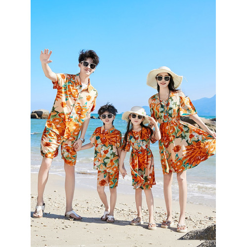 親子裝一家三四口三亞旅遊度假海邊沙灘短袖襯衫套裝母女裝連衣裙