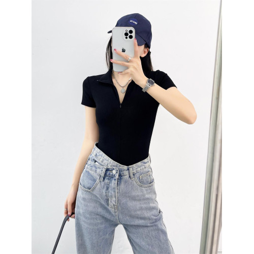 辣妹緊身立領拉鍊短袖連體衣女2024夏季外穿歐美連身上衣打底衫t