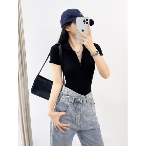 辣妹緊身立領拉鍊短袖連體衣女2024夏季外穿歐美連身上衣打底衫t