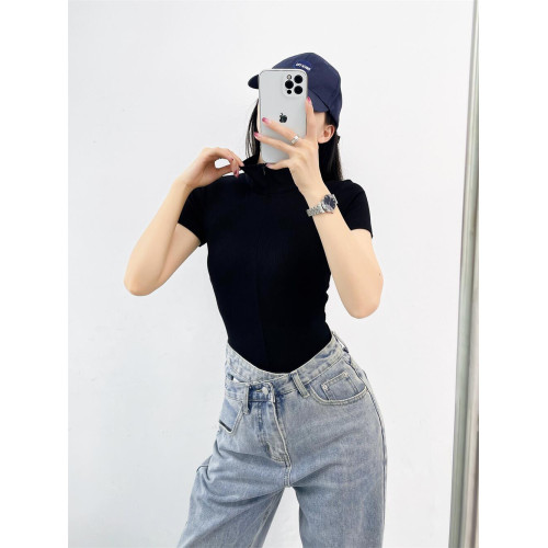 辣妹緊身立領拉鍊短袖連體衣女2024夏季外穿歐美連身上衣打底衫t