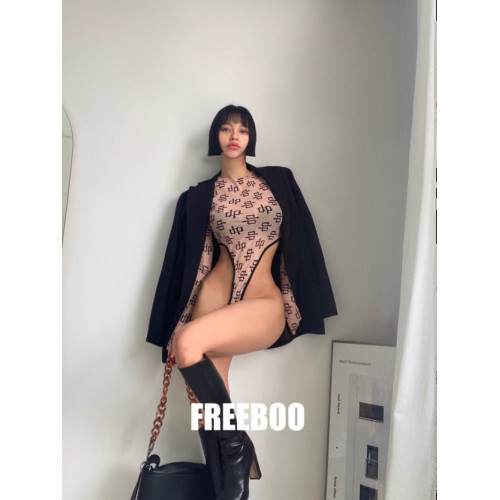 FREEBOO 透明針織印花長袖連體衣女韓系女裝春季性感修身上衣打底
