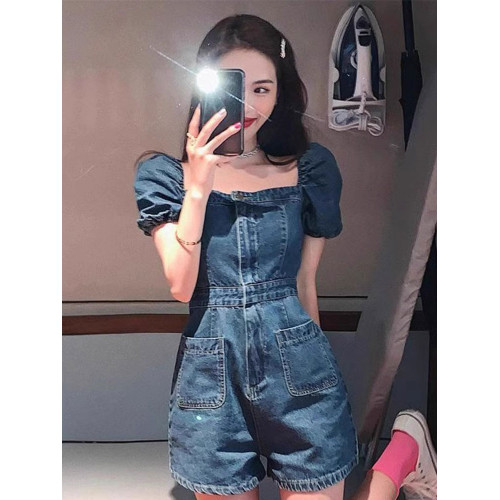 復古牛仔短袖連體衣女春夏2024新款小個子設計感收腰連體短褲套裝