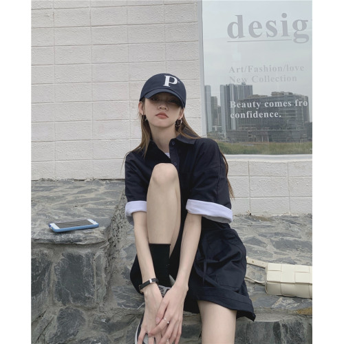 erouy moussy短袖翻領襯衫連體衣套裝女夏新款寬松工裝連體短褲