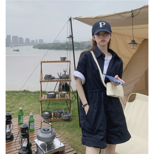 erouy moussy短袖翻領襯衫連體衣套裝女夏新款寬松工裝連體短褲