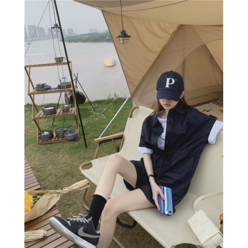 erouy moussy短袖翻領襯衫連體衣套裝女夏新款寬松工裝連體短褲