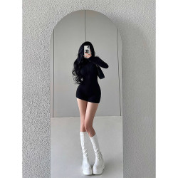 叛逆日記歐美風辣妹立領針織衫連體衣女性感拉鍊修身顯瘦連體短褲