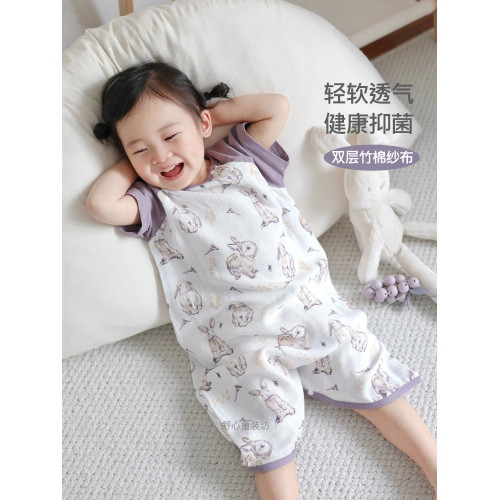夏季雙層竹棉紗布連體睡衣寶寶家居服嬰兒睡袋兒童短袖睡裙親子裝