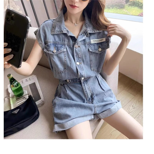 藍色無袖牛仔連體衣女春夏新款小個子高腰卷邊濶腿a字褲連體短褲