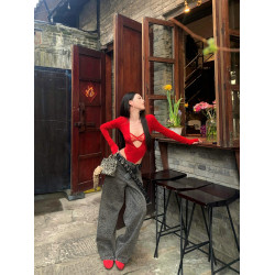 GARIS 歐美紅色長袖連體衣女2025新款性感辣妹緊身蕾絲v領T恤上衣