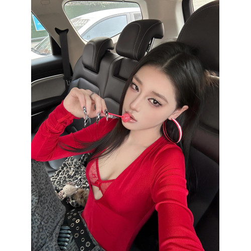 GARIS 歐美紅色長袖連體衣女2025新款性感辣妹緊身蕾絲v領T恤上衣
