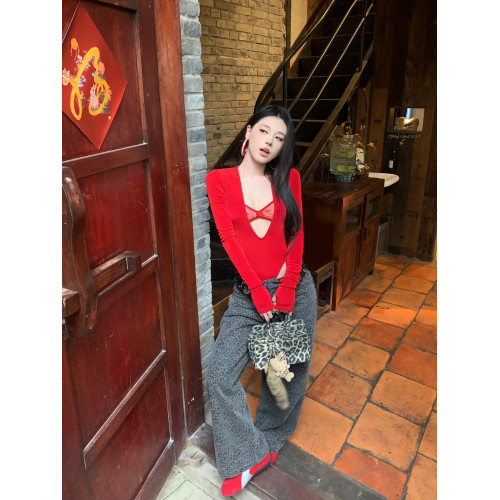 GARIS 歐美紅色長袖連體衣女2025新款性感辣妹緊身蕾絲v領T恤上衣