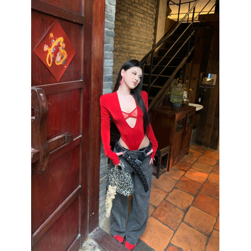 GARIS 歐美紅色長袖連體衣女2025新款性感辣妹緊身蕾絲v領T恤上衣