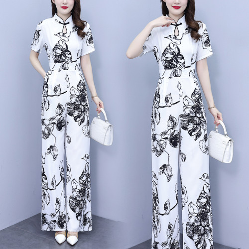高級感連體褲女夏2025新款減齡顯瘦雪紡印花盤釦連體衣濶腿褲套裝