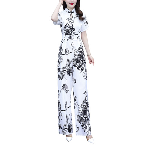 高級感連體褲女夏2025新款減齡顯瘦雪紡印花盤釦連體衣濶腿褲套裝