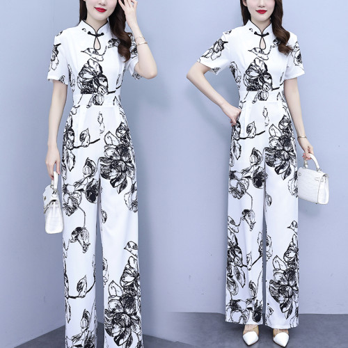 高級感連體褲女夏2025新款減齡顯瘦雪紡印花盤釦連體衣濶腿褲套裝