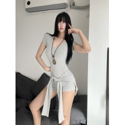 美式街頭風酷颯辣妹腰部綁帶兩件套V領短袖修身連體衣瑜伽連體褲