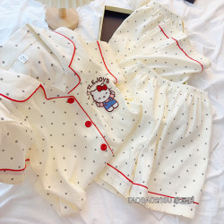 女童睡衣夏季2025新款三件套兒童短袖雲朵棉薄款hellokitty親子裝