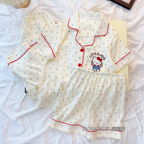 女童睡衣夏季2025新款三件套兒童短袖雲朵棉薄款hellokitty親子裝