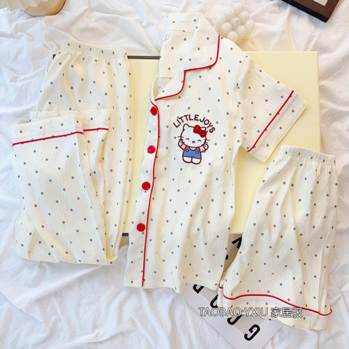女童睡衣夏季2025新款三件套兒童短袖雲朵棉薄款hellokitty親子裝