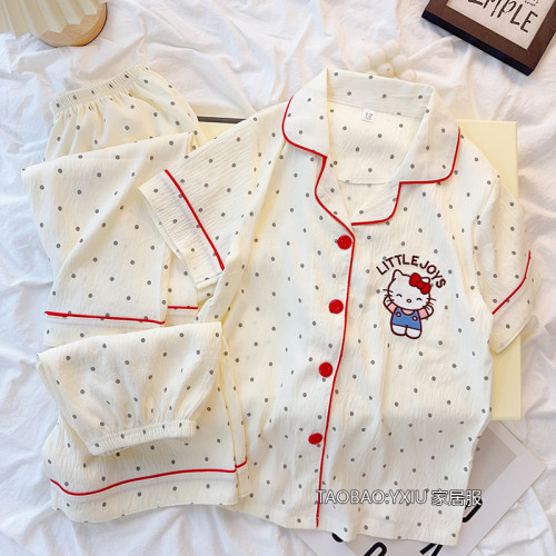 女童睡衣夏季2025新款三件套兒童短袖雲朵棉薄款hellokitty親子裝