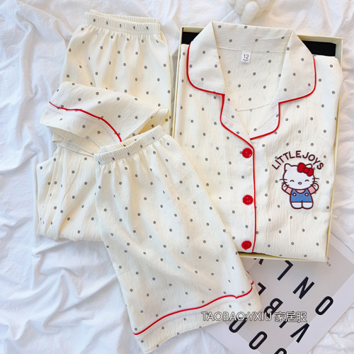 女童睡衣夏季2025新款三件套兒童短袖雲朵棉薄款hellokitty親子裝