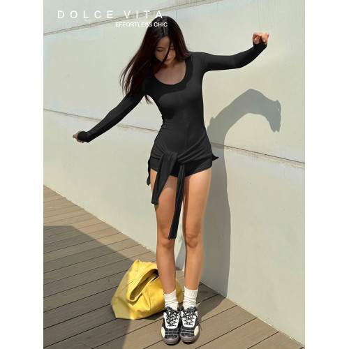 DOLCEVITA性感辣妹V領拉鍊綁帶假兩件長袖連體衣氣質修身連體褲女