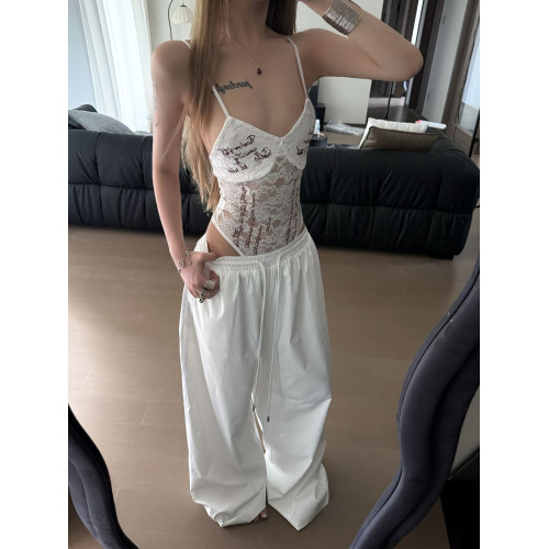 歐美辣妹風印花蕾絲吊帶連體衣女2025夏季新款性感修身微透上衣