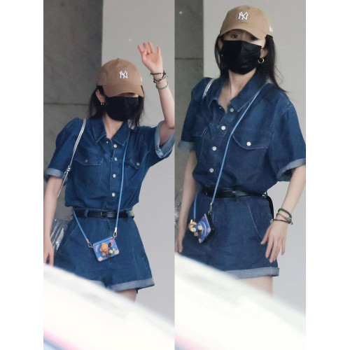高腰港風冪冪同款深藍色牛仔連體衣女天絲漢麻牛仔短袖連體短褲夏