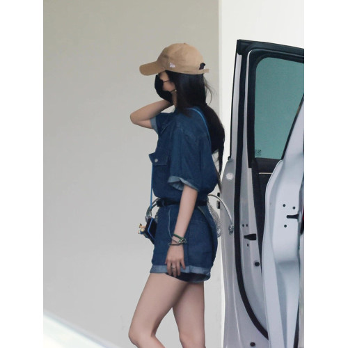 高腰港風冪冪同款深藍色牛仔連體衣女天絲漢麻牛仔短袖連體短褲夏