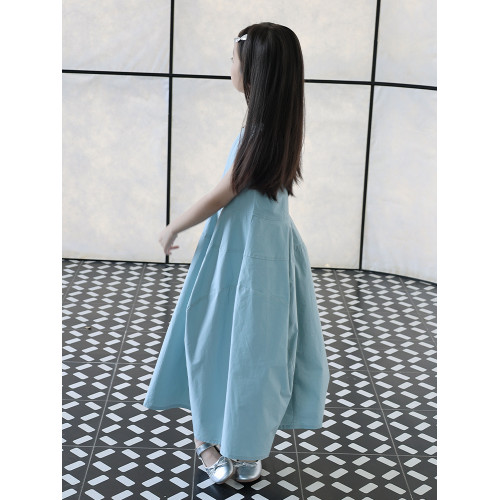 純棉高級感女童連衣裙夏季兒童法式背心裙藍色裙子氣質長裙中大童