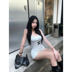 歐美辣妹印花蕾絲拼接吊帶連體衣女夏季性感修身無袖露後背包臀短褲