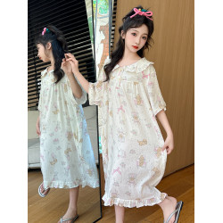 女童睡裙2025新款夏季睡衣女孩短袖大童家居服兒童長款親子裝裙子