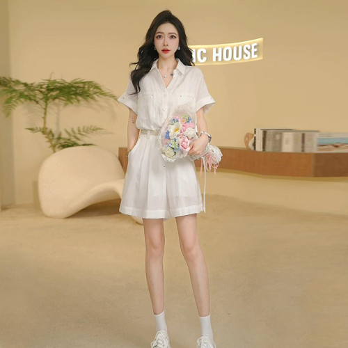 Basic House/百家好25夏薄款氣質減齡紐釦腰帶連體衣B0185B5D352