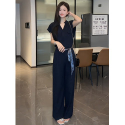 時尚連體衣套裝女2025夏季新款時髦氣質收腰顯瘦垂感濶腿連體褲潮